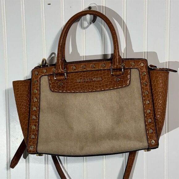 Michael Kors Croc Embossed Canvas Satchel Tote Brown Tan Studded Shoulder Bag - Picture 1 of 10